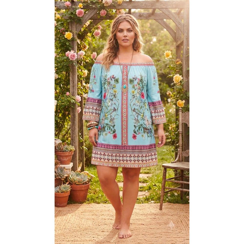 Umgee Plus Size 1XL Light Blue Floral Hummingbird Off Shoulder Bell Sleeve Dress